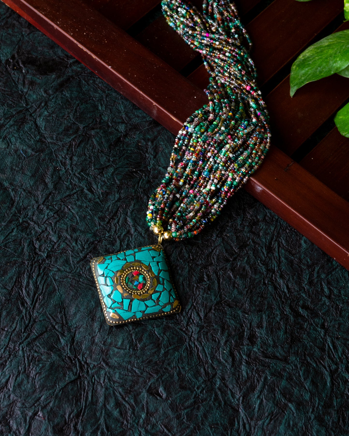 Vibrant Blue Mosaic Brass Pendant Necklace.