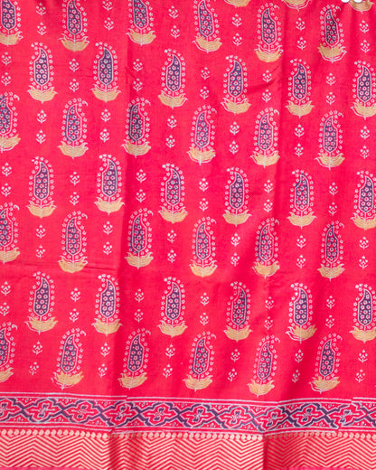 Hand Block Printed Tomato Red Art Silk Saree: