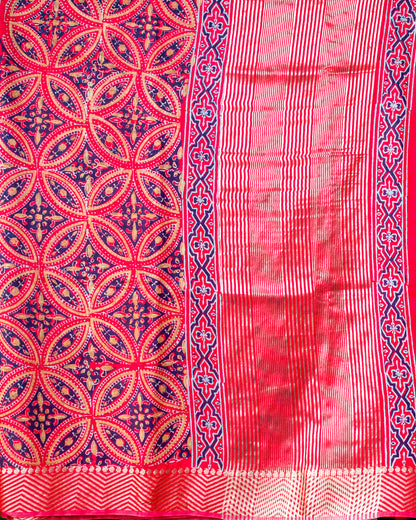 Hand Block Printed Tomato Red Art Silk Saree: