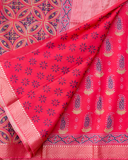 Hand Block Printed Tomato Red Art Silk Saree: