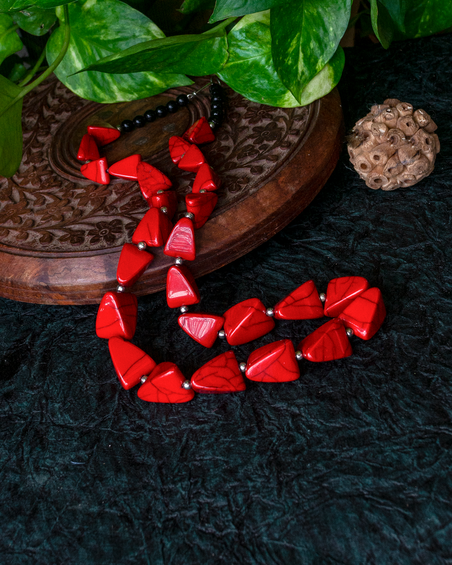 Vivid Red Triangle Bead Necklace.