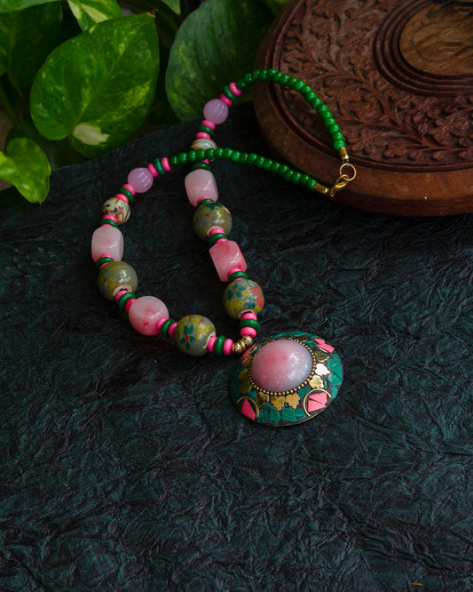 Bohemian Style Beaded Necklace with Pink Accent.