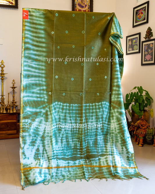 Olive Green Art Chanderi Silk Saree with Shibori Border