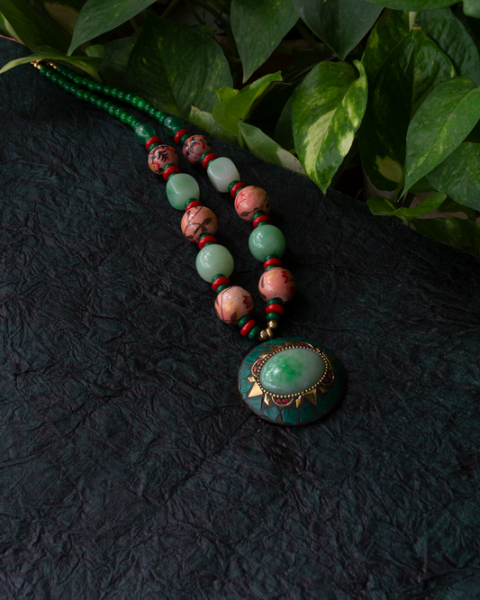 Salmon Mint Mosaic Beaded Necklace.