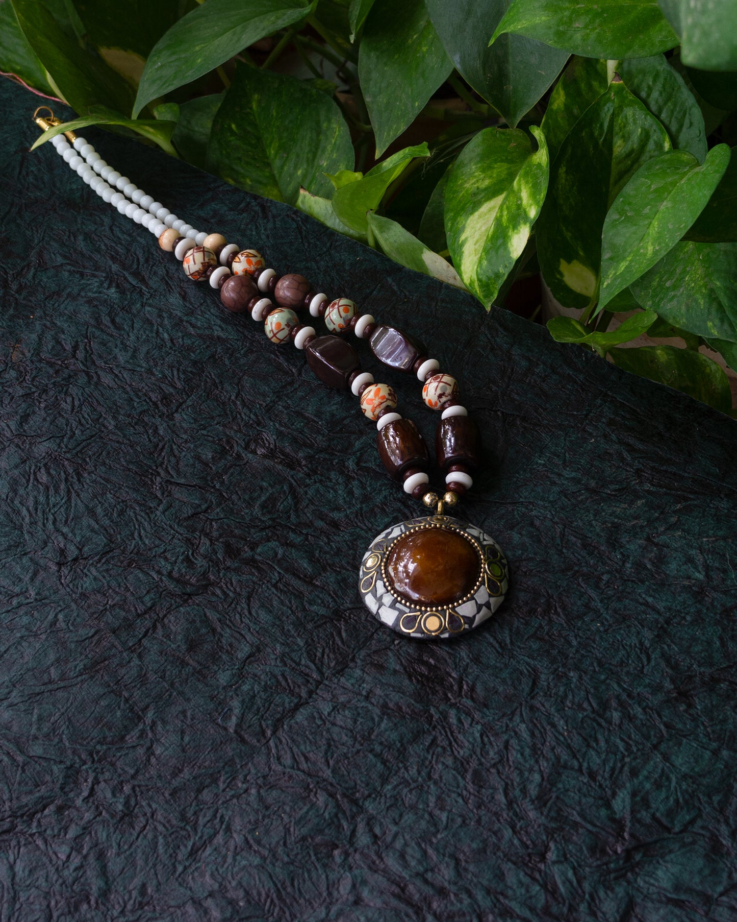 Earth Tone Beaded Mosaic Necklace.