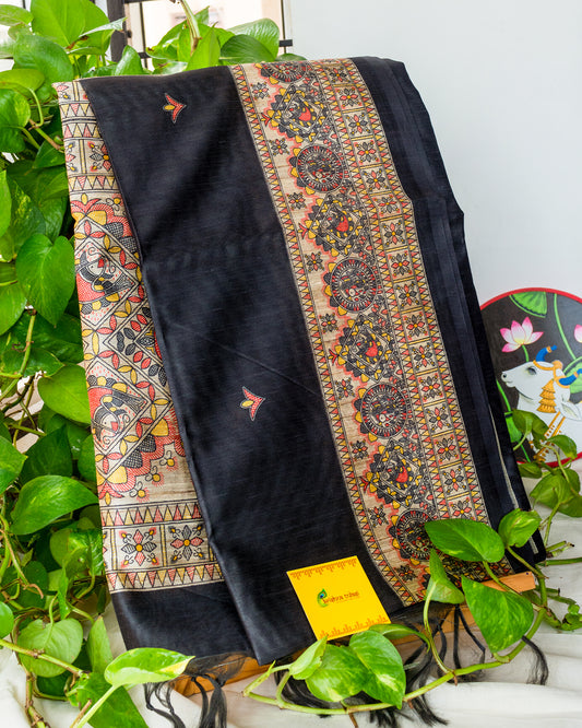 Black Madhubani Printed Semi Tussar Saree.