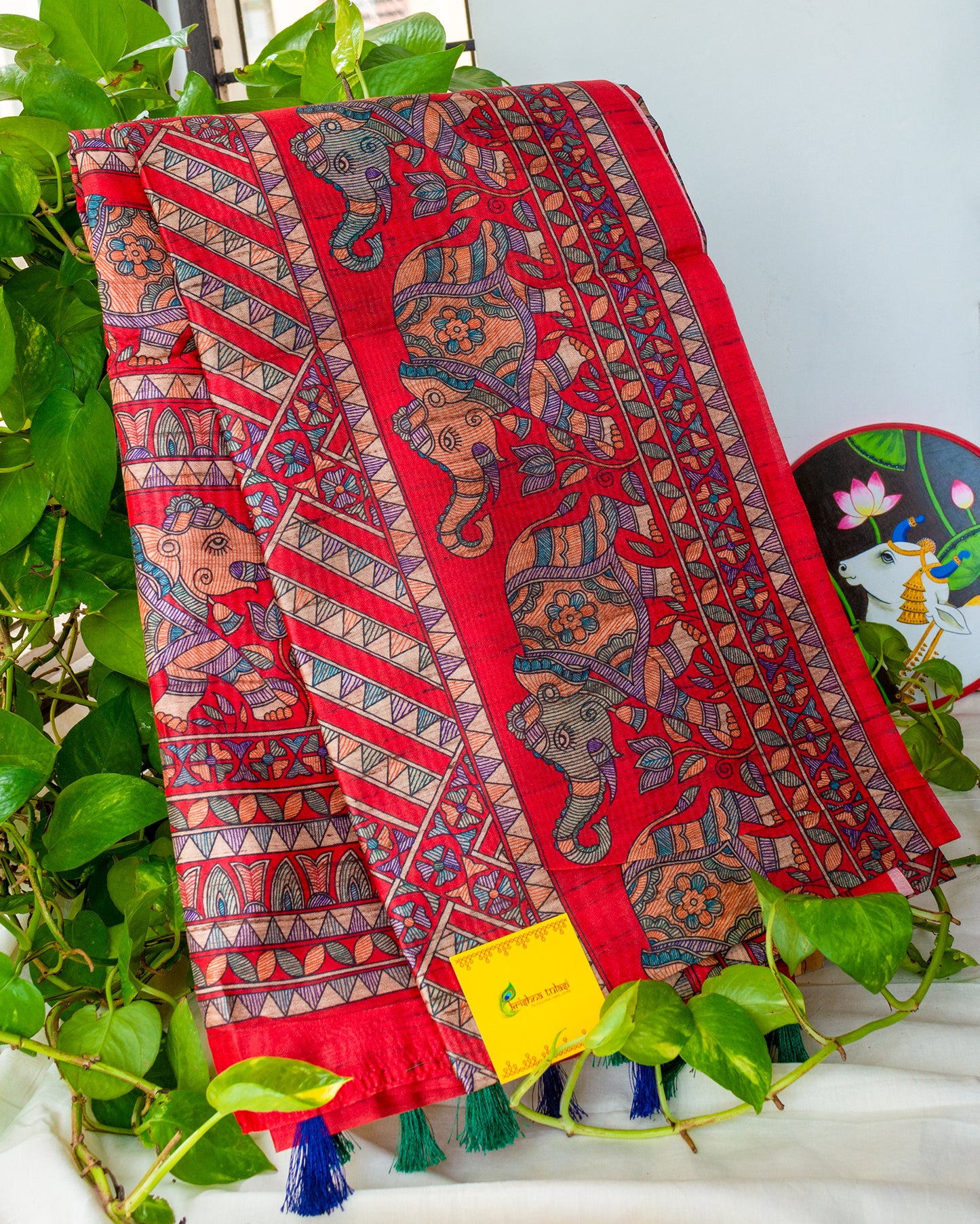 Red Madhubani Printed Semi Tussar Saree.