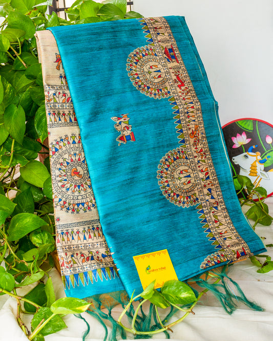 Blue Madhubani Printed Semi Tussar Saree.