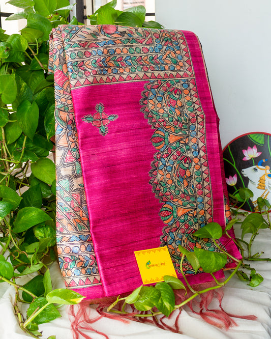 Rani Pink Madhubani Printed Semi Tussar Saree.