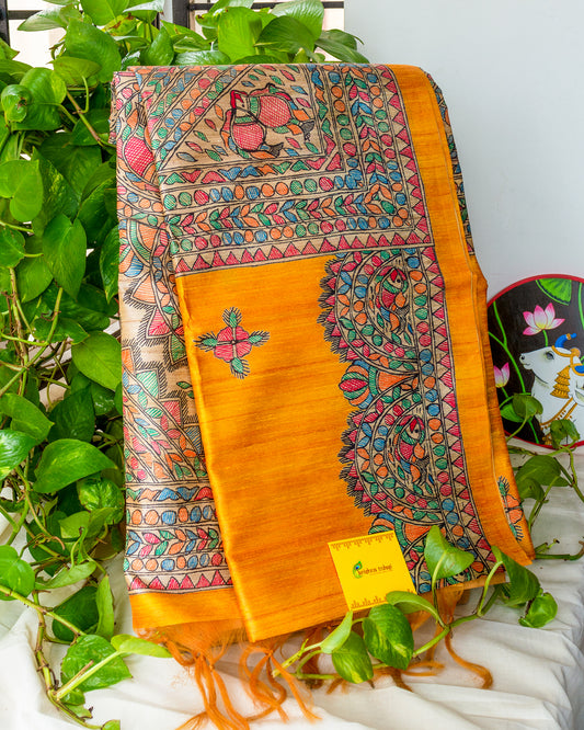 Yellow Madhubani Printed Semi Tussar Saree.