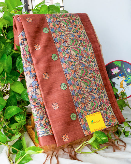 Brown Madhubani Printed Semi Tussar Saree.