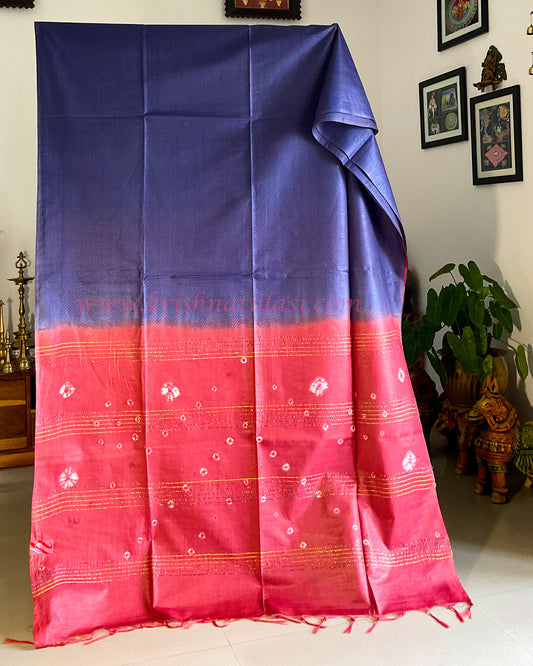 Navy Blue Liva Artsilk Saree with Red Shibori Pallu and Sequins.