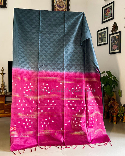 Classic Grey Artsilk Saree with Pink Shibori Pallu .