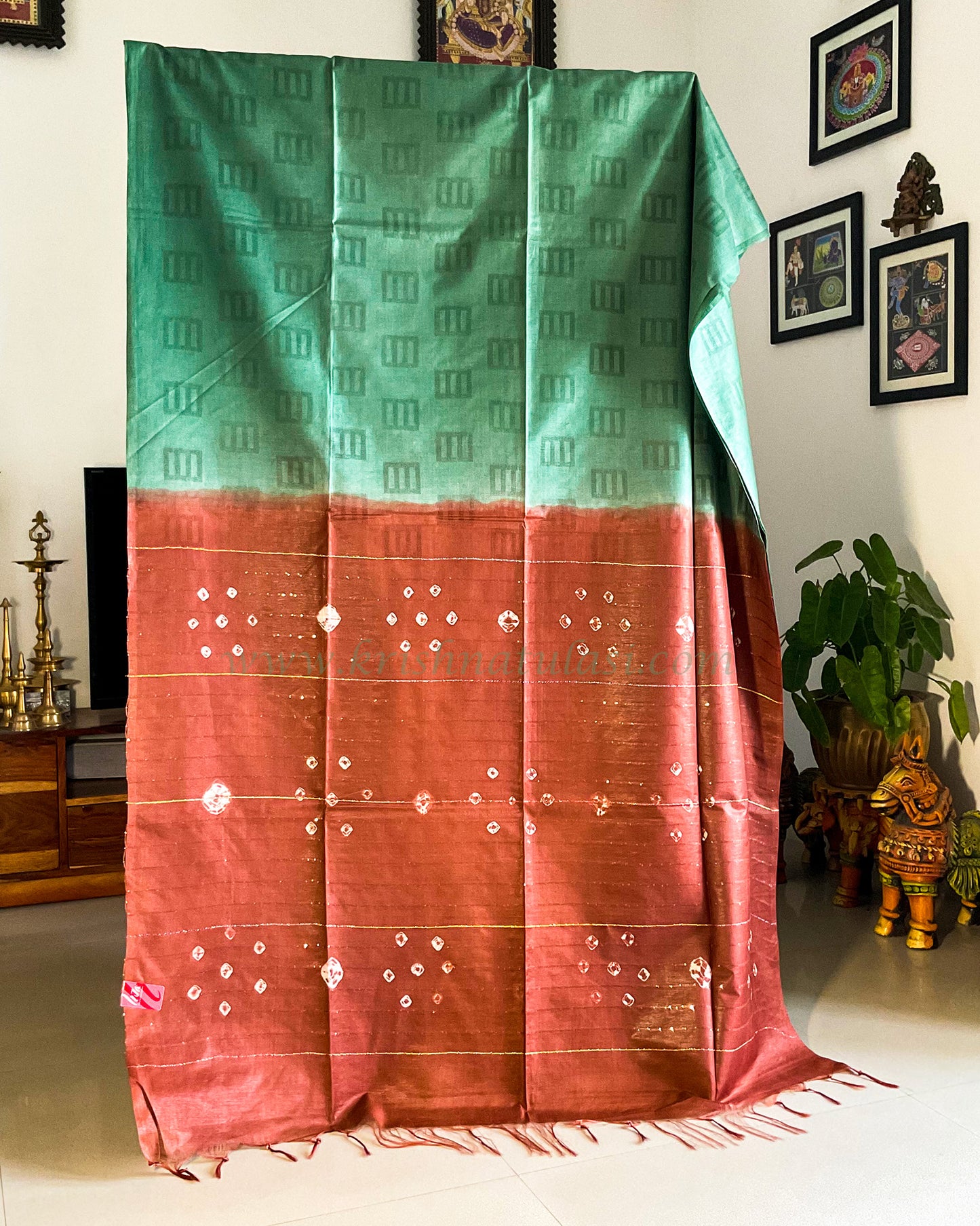 Sea Green Artsilk Saree with Brick Red shibori Pallu .