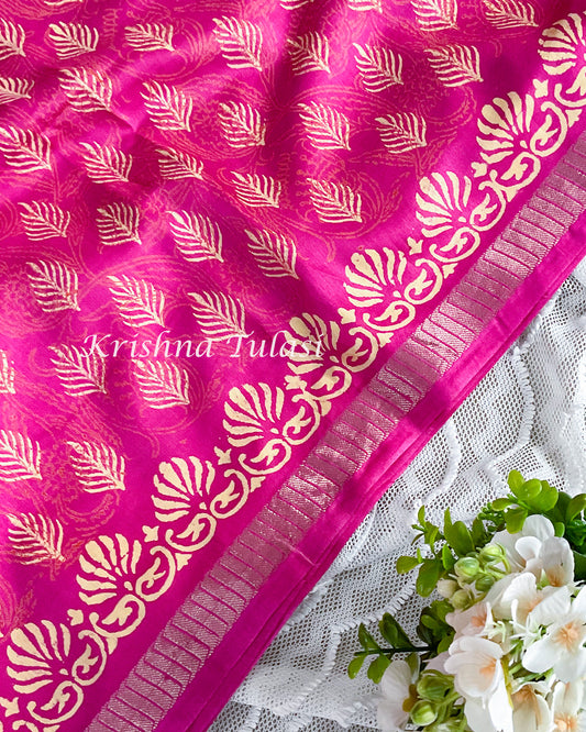 Rani Pink Crepe Silk Saree with Hand Block Prints.