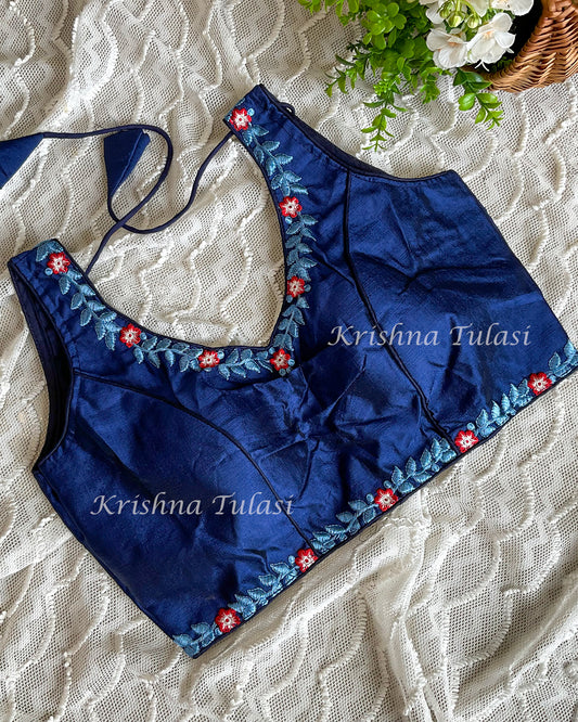 Blue Embroidered Deep Neck Padded Blouse: