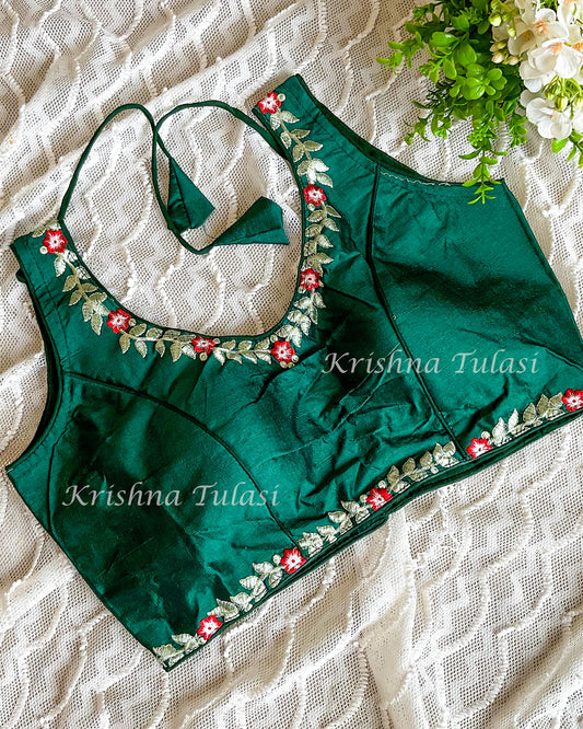 Bottle Green Embroidered Deep Neck Padded Blouse: