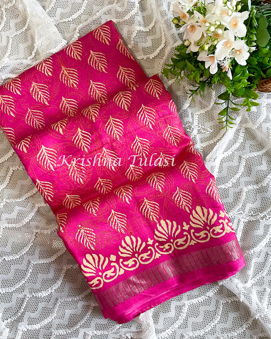 Rani Pink Crepe Silk Saree with Hand Block Prints.