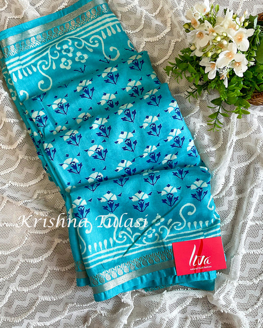 Electric Blue Crepe Silk Saree with Hand Block Prints.