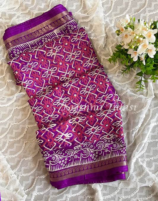 Purple Crepe Silk Saree with Hand Block Prints.