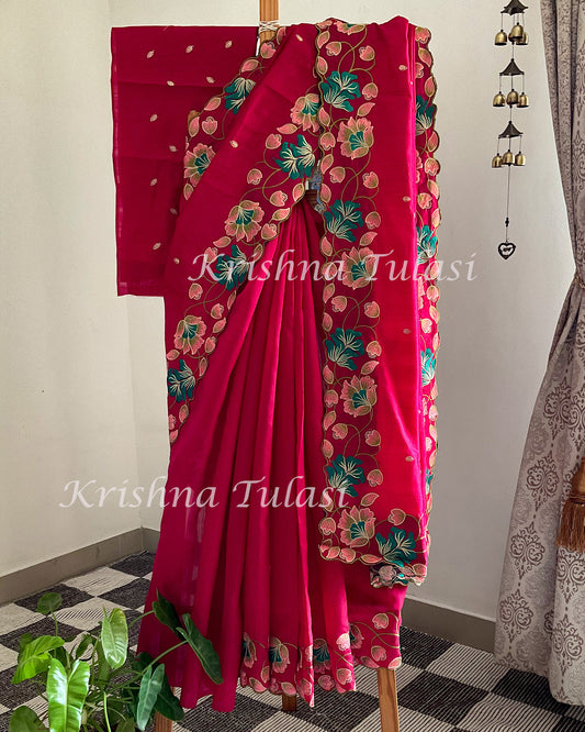 Red Semi Tussar Saree with Floral Embroidery: