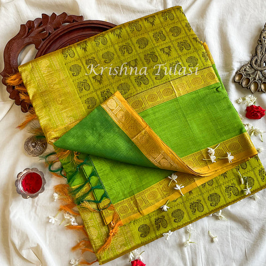 Yellow Green Thousand Butta Silk Cotton Saree.