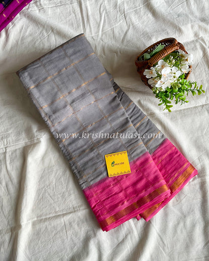 Ash Grey & Pink Checked Soft Madurai Cotton Saree