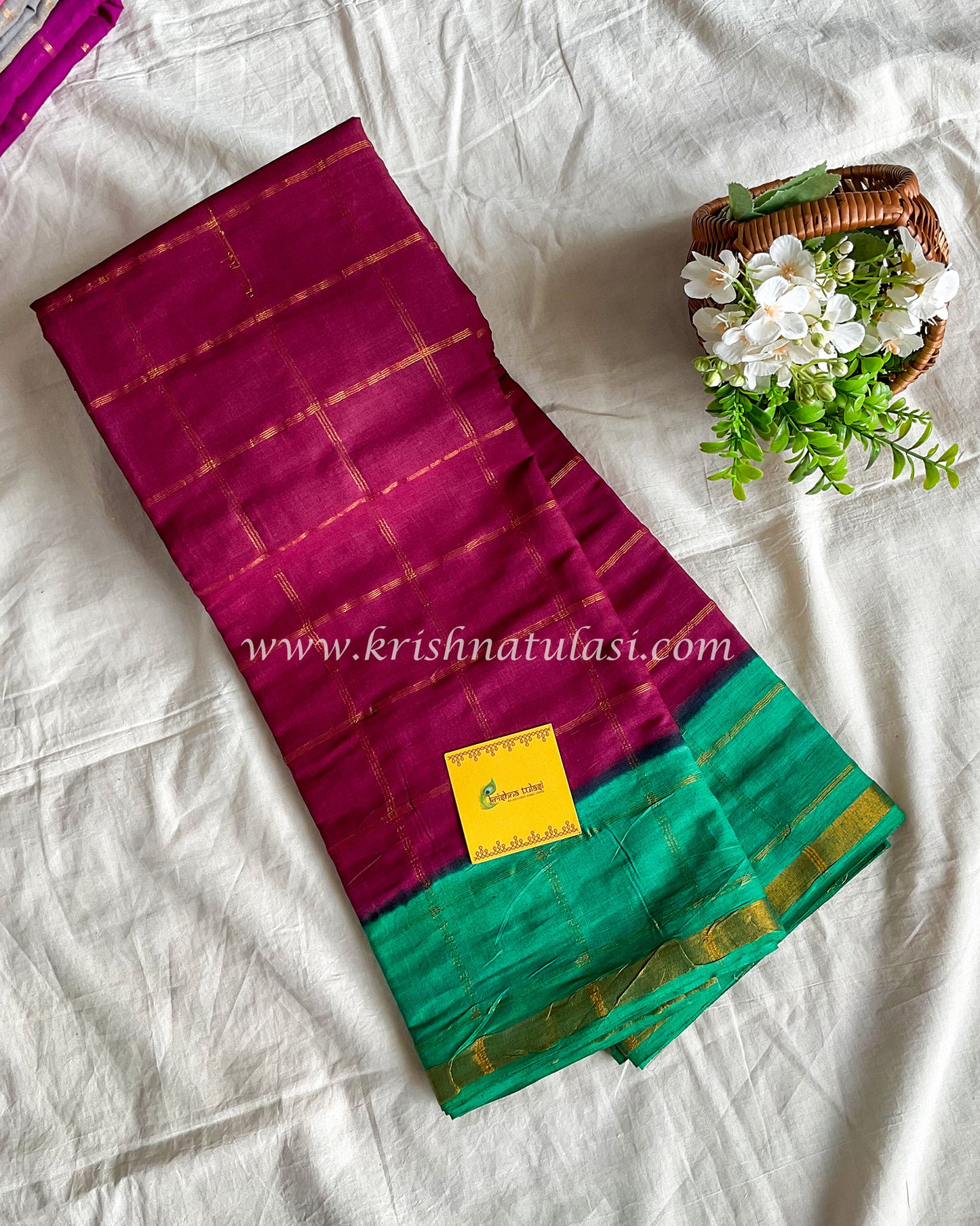 Wine Red & Ramar Blue Checked Soft Madurai Cotton Saree