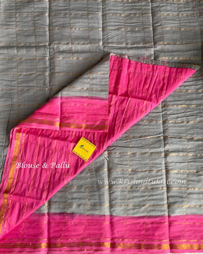 Ash Grey & Pink Checked Soft Madurai Cotton Saree