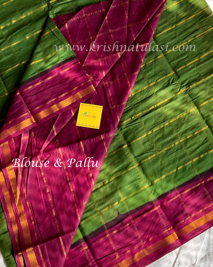 Green & Wine Red Checked Soft Madurai Cotton Saree