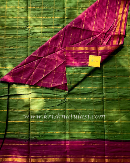 Green & Wine Red Checked Soft Madurai Cotton Saree